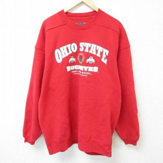 XL★古着 長袖 スウェット メンズ 90年代 90s オハイオステートバックアイズ 大きいサイズ ロング丈 クルーネック 赤 レッド 23oct03 中古 スエット トレーナー トップス(パーカー)