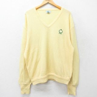 ラコステ(LACOSTE)のXL★古着 ラコステ LACOSTE IZOD 長袖 ブランド セーター メンズ 90年代 90s ワンポイントロゴ ゴルフ Vネック アクリル USA製 黄 イエロー 23sep26 中古 ニット トップス(ニット/セーター)