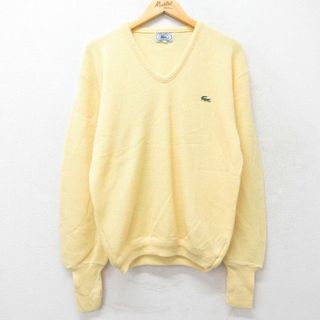 ラコステ(LACOSTE)のL★古着 ラコステ LACOSTE IZOD 長袖 ブランド セーター メンズ 90年代 90s ワンポイントロゴ Vネック アクリル 黄 イエロー 23sep26 中古 ニット トップス(ニット/セーター)