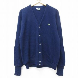 ラコステ(LACOSTE)のXL★古着 ラコステ LACOSTE IZOD 長袖 ブランド ニット カーディガン メンズ 90年代 90s ワンポイントロゴ Vネック アクリル USA製 紺 ネイビー 【spe】 23sep26 中古 トップス(カーディガン)