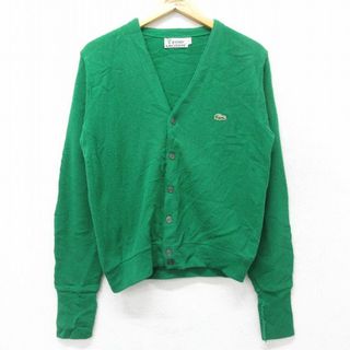 ラコステ(LACOSTE)のS★古着 ラコステ LACOSTE IZOD 長袖 ブランド ニット カーディガン メンズ 80年代 80s ワンポイントロゴ Vネック アクリル 緑 グリーン 23sep26 中古 トップス(カーディガン)