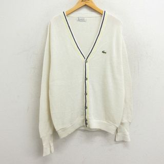 ラコステ(LACOSTE)のL★古着 ラコステ IZOD 長袖 ブランド ニット カーディガン メンズ 80年代 80s ワンポイントロゴ アクリル Vネック 白 ホワイト 23sep27 中古 トップス(カーディガン)