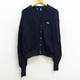 ラコステ(LACOSTE)のM★古着 ラコステ IZOD 長袖 ブランド ニット カーディガン メンズ 90年代 90s ワンポイントロゴ アクリル Vネック 紺 ネイビー 23sep27 中古 トップス(カーディガン)