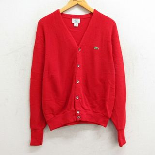 ラコステ(LACOSTE)のM★古着 ラコステ IZOD 長袖 ブランド ニット カーディガン メンズ 90年代 90s ワンポイントロゴ アクリル Vネック USA製 赤 レッド 23sep27 中古 トップス(カーディガン)