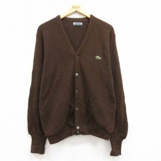 ラコステ(LACOSTE)のL★古着 ラコステ LACOSTE IZOD 長袖 ブランド ニット カーディガン メンズ 80年代 80s ワンポイントロゴ 濃茶 ブラウン 【spe】 23sep27 中古 トップス(カーディガン)