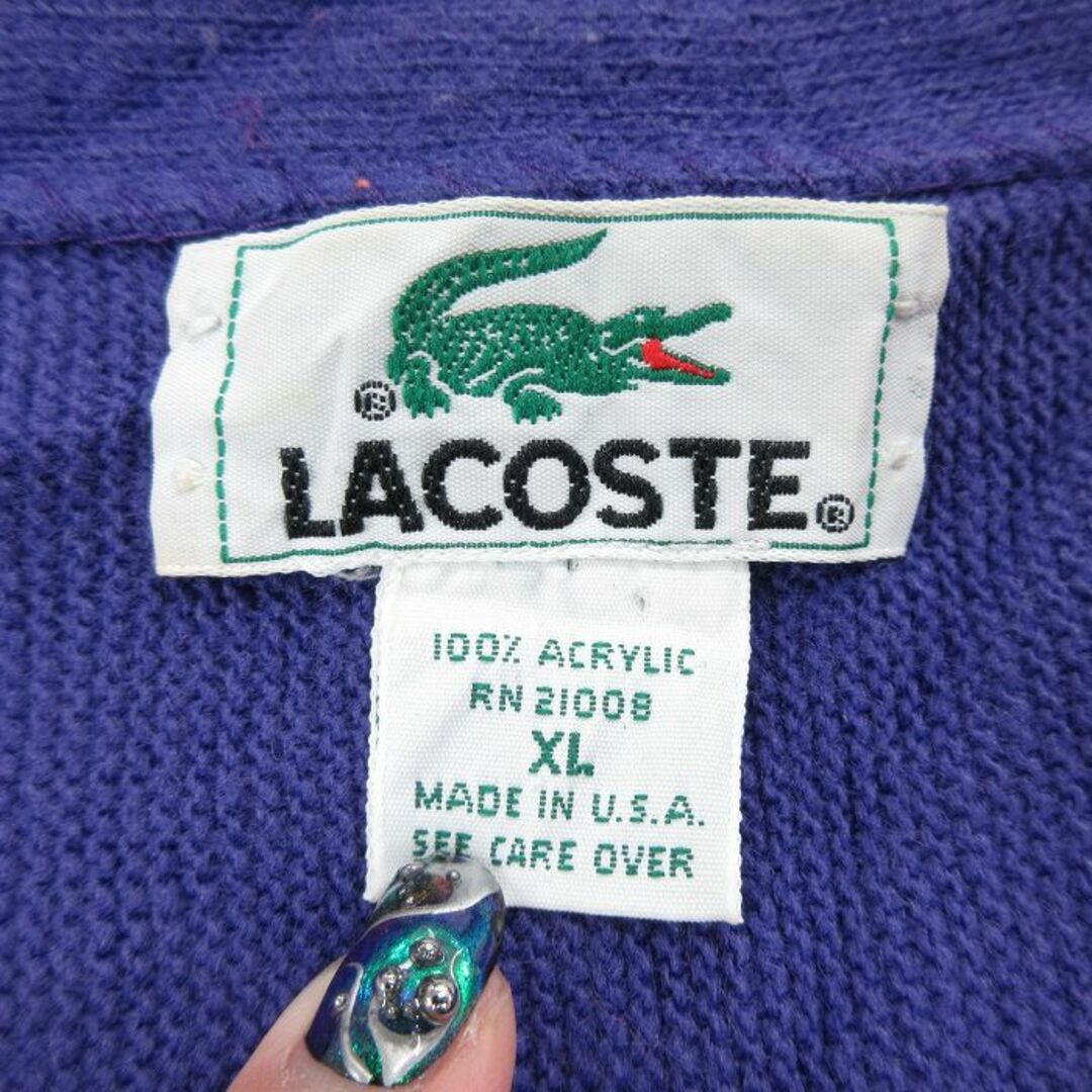 LACOSTE(ラコステ)のXL★古着 ラコステ LACOSTE IZOD 長袖 ブランド ニット カーディガン メンズ 80年代 80s ワンポイントロゴ アクリル USA製 紫 パープル 23sep27 中古 トップス メンズのトップス(カーディガン)の商品写真