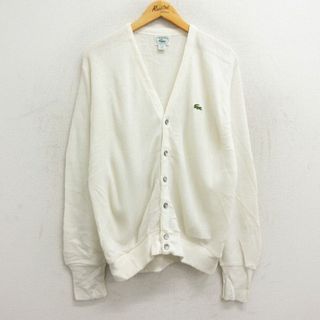 ラコステ(LACOSTE)のL★古着 ラコステ LACOSTE IZOD 長袖 ブランド ニット カーディガン メンズ 90年代 90s ワンポイントロゴ USA製 白 ホワイト 23sep27 中古 トップス(カーディガン)