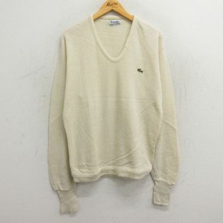 ラコステ(LACOSTE)のXL★古着 ラコステ LACOSTE IZOD 長袖 ブランド セーター メンズ 80年代 80s ワンポイントロゴ Vネック 薄ベージュ カーキ 23sep27 中古 ニット トップス(ニット/セーター)