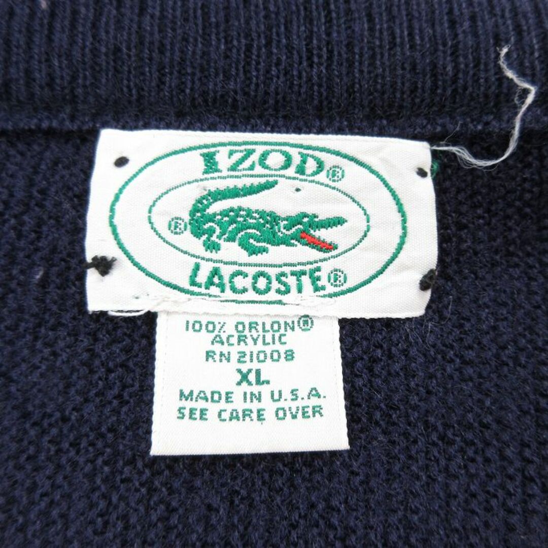 LACOSTE(ラコステ)のXL★古着 ラコステ LACOSTE 長袖 ブランド セーター メンズ 80年代 80s ワンポイントロゴ Vネック USA製 紺 ネイビー 23sep28 中古 ニット トップス メンズのトップス(ニット/セーター)の商品写真