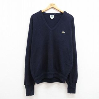 ラコステ(LACOSTE)のXL★古着 ラコステ LACOSTE 長袖 ブランド セーター メンズ 80年代 80s ワンポイントロゴ Vネック USA製 紺 ネイビー 23sep28 中古 ニット トップス(ニット/セーター)