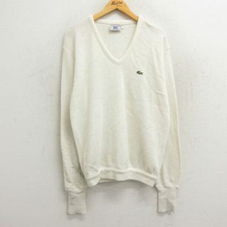 ラコステ(LACOSTE)のXL★古着 ラコステ LACOSTE IZOD 長袖 ブランド セーター メンズ 90年代 90s ワンポイントロゴ アクリル Vネック 白 ホワイト 23sep28 中古 ニット トップス(ニット/セーター)