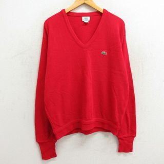 ラコステ(LACOSTE)のXL★古着 ラコステ LACOSTE IZOD 長袖 ブランド セーター メンズ 90年代 90s ワンポイントロゴ 大きいサイズ アクリル Vネック USA製 赤 レッド 23sep28 中古 ニット トップス(ニット/セーター)