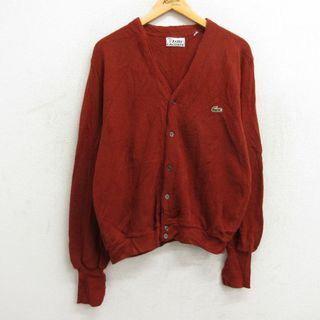 ラコステ(LACOSTE)のL★古着 ラコステ LACOSTE IZOD 長袖 ニット カーディガン メンズ 80年代 80s ワンポイントロゴ Vネック 茶系 ブラウン 【spe】 23sep29 中古 トップス(カーディガン)