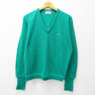 ラコステ(LACOSTE)のL★古着 ラコステ LACOSTE IZOD 長袖 ブランド セーター メンズ 80年代 80s ワンポイントロゴ アクリル Vネック USA製 緑 グリーン 23sep29 中古 ニット トップス(ニット/セーター)