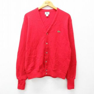 ラコステ(LACOSTE)のM★古着 ラコステ LACOSTE IZOD 長袖 ブランド ニット カーディガン メンズ 90年代 90s ワンポイントロゴ アクリル USA製 赤 レッド 23sep29 中古 トップス(カーディガン)