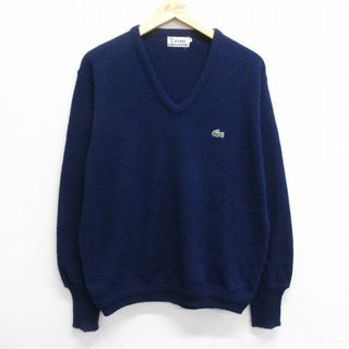 ラコステ(LACOSTE)のL★古着 ラコステ LACOSTE IZOD 長袖 ブランド セーター メンズ 80年代 80s ワンポイントロゴ アクリル Vネック USA製 紺 ネイビー 23oct02 中古 ニット トップス(ニット/セーター)