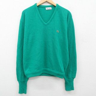 ラコステ(LACOSTE)のL★古着 ラコステ LACOSTE IZOD 長袖 ブランド セーター メンズ 80年代 80s ワンポイントロゴ ラグラン Vネック 緑 グリーン 23oct03 中古 ニット トップス(ニット/セーター)