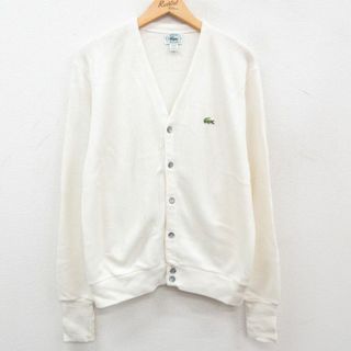 ラコステ(LACOSTE)のL★古着 ラコステ LACOSTE IZOD 長袖 ブランド ニット カーディガン メンズ 90年代 90s ワンポイントロゴ アクリル Vネック USA製 白 ホワイト 23oct03 中古 トップス(カーディガン)