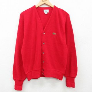 ラコステ(LACOSTE)のM★古着 ラコステ LACOSTE IZOD 長袖 ブランド ニット カーディガン メンズ 90年代 90s ワンポイントロゴ アクリル Vネック USA製 赤 レッド 23oct03 中古 トップス(カーディガン)