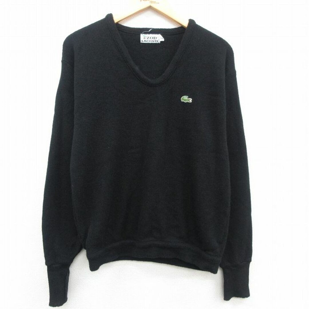 LACOSTE(ラコステ)のL★古着 ラコステ LACOSTE IZOD 長袖 ブランド セーター メンズ 80年代 80s ワンポイントロゴ アクリル Vネック 黒 ブラック 23oct03 中古 ニット トップス メンズのトップス(ニット/セーター)の商品写真