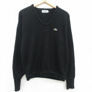 ラコステ(LACOSTE)のL★古着 ラコステ LACOSTE IZOD 長袖 ブランド セーター メンズ 80年代 80s ワンポイントロゴ アクリル Vネック 黒 ブラック 23oct03 中古 ニット トップス(ニット/セーター)