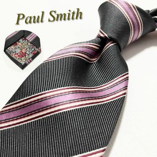 ポールスミス(Paul Smith)の【美品】ポールスミス ネクタイ ストライプ柄 裏地花柄 ボタニカル シルク(ネクタイ)