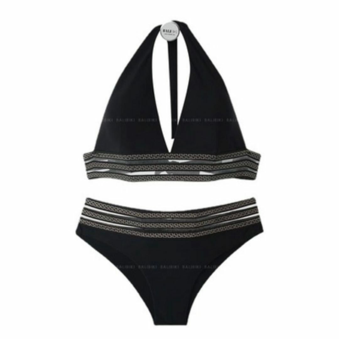 レディース水着アジアンテイスト調メッシュビキニホルターネック 黒 透け感 レディースの水着/浴衣(水着)の商品写真