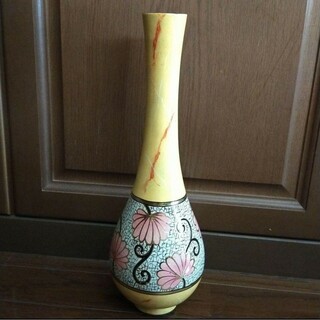 ベトナム製　花柄花瓶　木製(花瓶)