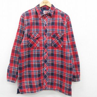 ディッキーズ(Dickies)のL★古着 ディッキーズ Dickies 長袖 フランネル シャツ メンズ 90年代 90s ロング丈 赤他 レッド チェック 内側キルティング 23oct07 中古 トップス(シャツ)