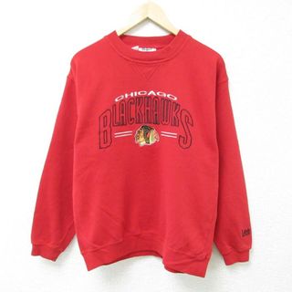 リー(Lee)のM★古着 リー Lee 長袖 スウェット メンズ 00年代 00s NHL シカゴブラックホークス 刺繍 クルーネック 赤 レッド アイスホッケー 23oct06 中古 スエット トレーナー トップス(パーカー)