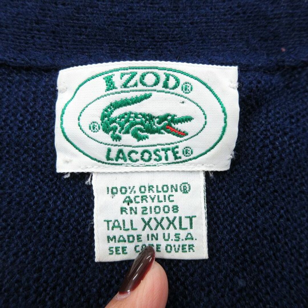 LACOSTE(ラコステ)のXL★古着 ラコステ LACOSTE IZOD 長袖 ニット カーディガン メンズ 90年代 90s 大きいサイズ アクリル USA製 紺 ネイビー 23oct07 中古 トップス メンズのトップス(カーディガン)の商品写真