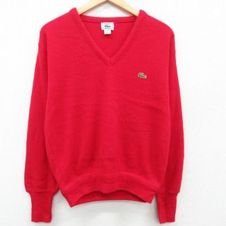 ラコステ(LACOSTE)のL★古着 ラコステ LACOSTE 長袖 ブランド セーター メンズ 90年代 90s ワンポイントロゴ アクリル Vネック USA製 赤 レッド 23oct11 中古 ニット トップス(ニット/セーター)