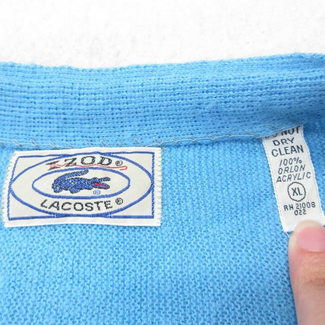 LACOSTE(ラコステ)のXL★古着 ラコステ LACOSTE IZOD 長袖 ブランド ニット カーディガン メンズ 90年代 90s ワンポイントロゴ アクリル Vネック 水色 23oct11 中古 トップス メンズのトップス(カーディガン)の商品写真