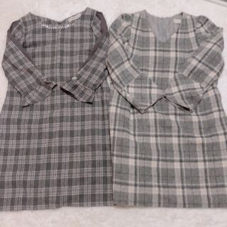 ミッシュマッシュ(MISCH MASCH)のワンピース　長袖　チェック　グレー　ピンク　vネック　フレア　ビジュー　可愛い♡(ひざ丈ワンピース)