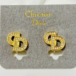 クリスチャンディオール(Christian Dior)の美品 Dior イヤリング CDロゴ ゴールド ラインストーン 刻印あり(イヤリング)