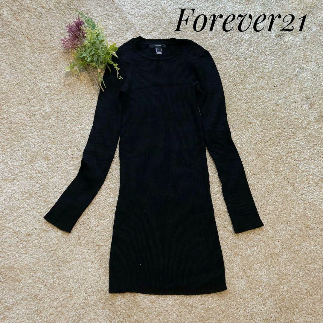 FOREVER 21(フォーエバートゥエンティーワン)のForever21 薄手 リブ ニット タイト ワンピース ブラック 黒 S レディースのワンピース(ミニワンピース)の商品写真