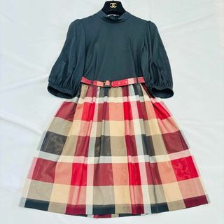 ブルーレーベルクレストブリッジ(BLUE LABEL CRESTBRIDGE)の美品 ブルーレーベル Aライン フレア ワンピース ベルト チェック 36(ひざ丈ワンピース)