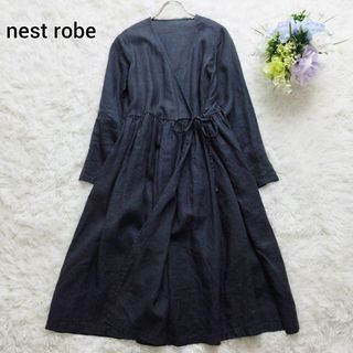 nest Robe - 美品 ネストローブ リネン100%カシュクールワンピース ガウン ネイビー F