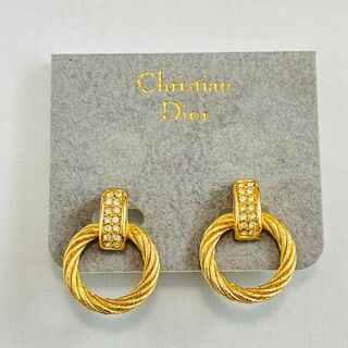 クリスチャンディオール(Christian Dior)の美品 Dior ピアス CDロゴ ゴールド ラインストーン サークル(イヤリング)