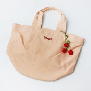 美品 ピンクハウス PINK HOUSE いちごモチーフ付 ロゴキャンバストートバッグ/ピンクベージュ 帆布 鞄【2400013780193】