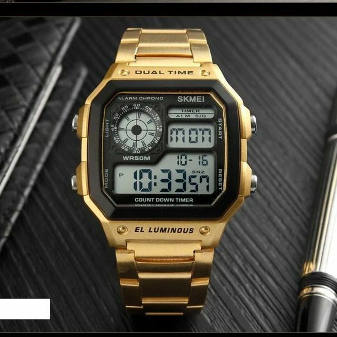 50m防水 ダイバーズウォッチ デジタル腕時計 スポーツジョギング ゴールド金Q メンズの時計(腕時計(デジタル))の商品写真