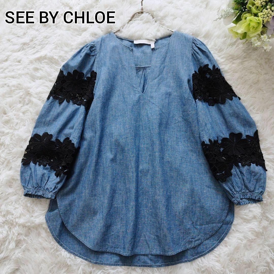 SEE BY CHLOE(シーバイクロエ)の美品 シーバイクロエ リネン混プルオーバー ブラウス ギャザー 刺繍レース 36 レディースのトップス(シャツ/ブラウス(長袖/七分))の商品写真