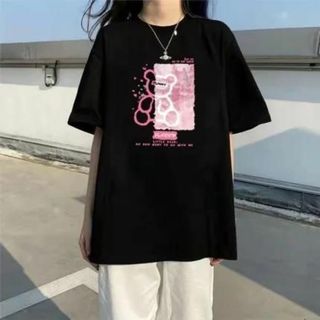 ピンク くま ベア 半袖 Tシャツ ゴスロリ 地雷系 原宿 ブラック(Tシャツ(半袖/袖なし))