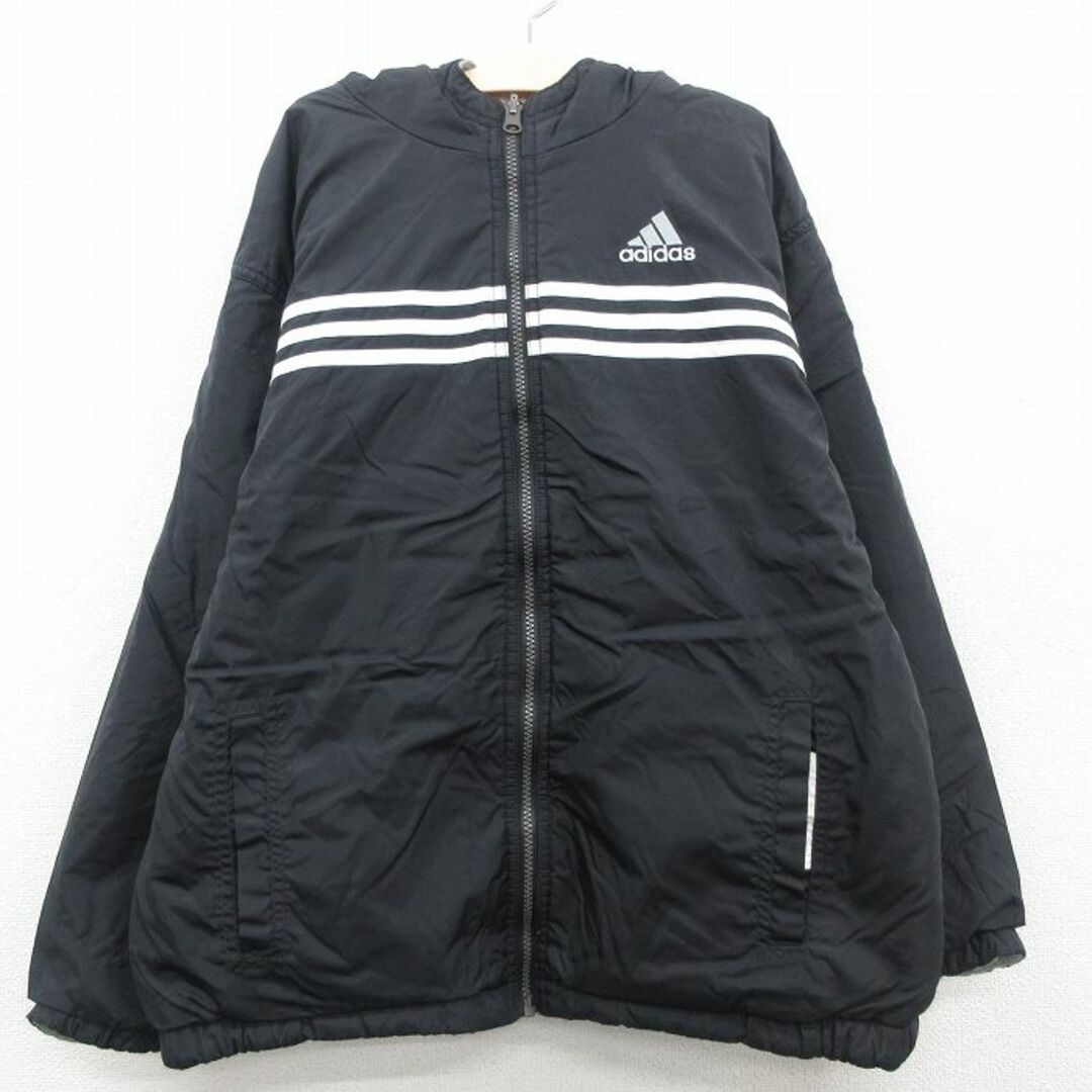 adidas(アディダス)の古着 アディダス adidas 長袖 ナイロン ジャケット パーカー キッズ ボーイズ 子供服 90年代 90s ビッグロゴ 刺繍 リバーシブル 黒他 ブラック 23oct24 キッズ/ベビー/マタニティのベビー服(~85cm)(シャツ/カットソー)の商品写真