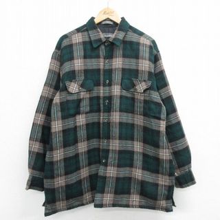 XL★古着 長袖 ウール シャツ メンズ 00年代 00s 大きいサイズ ロング丈 緑他 グリーン チェック 内側キルティング 23oct17 中古 トップス(シャツ)