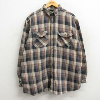 XL★古着 キー KEY 長袖 ヘビー フランネル シャツ メンズ 80年代 80s 大きいサイズ ベージュ系他 カーキ チェック 23oct24 中古 トップス(シャツ)