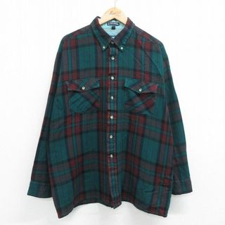 XL★古着 バンヒューセン 長袖 シャツ メンズ 90年代 90s 大きいサイズ ボタンダウン 緑 グリーン チェック 23oct20 中古 トップス(シャツ)