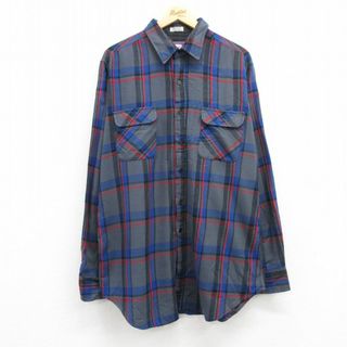 XL★古着 長袖 シャツ メンズ 90年代 90s ロング丈 グレー他 チェック 23oct25 中古 トップス(シャツ)