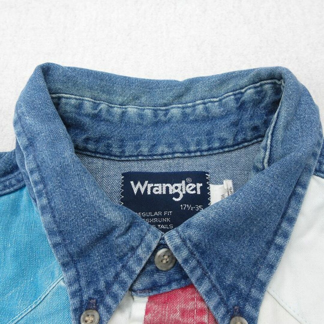 Wrangler(ラングラー)のXL★古着 ラングラー Wrangler 長袖 ウエスタン シャツ メンズ 90年代 90s マルチカラー コットン ボタンダウン USA製 紺他 ネイビー デニム 23oct25 中古 トップス メンズのトップス(シャツ)の商品写真