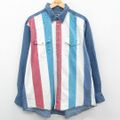 XL★古着 ラングラー Wrangler 長袖 ウエスタン シャツ メンズ 90年代 90s マルチカラー コットン ボタンダウン USA製 紺他 ネイビー デニム 23oct25 中古 トップス